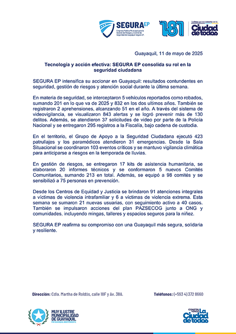 TECNOLOGÍA Y ACCIÓN EFECTIVA: SEGURA EP CONSOLIDA SU ROL EN LA SEGURIDAD CIUDADANA 